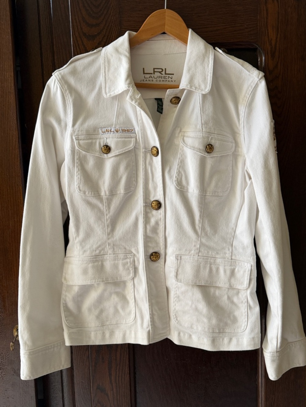 Lauren Ralph Lauren White Cotton Nautical Denim Jacket with Brass Gold Buttons